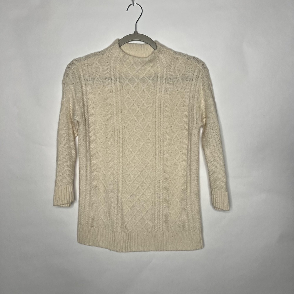 Talbots Sweater Womens XS White Cashmere Cable Knit Mock Neck 3/4 Sleeve